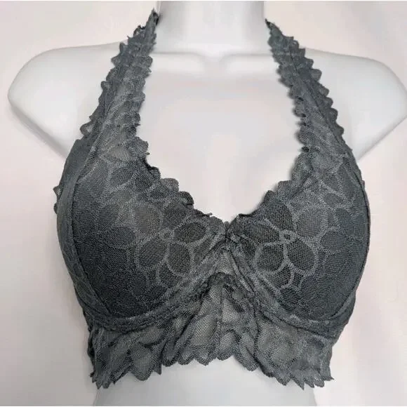 Pink Victorias Secret Bralette Halter Lace Solid Gray Underwire Sz M Cup A-C - Picture 3 of 8